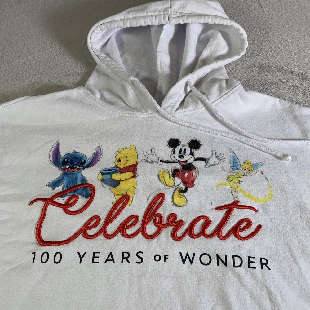 Disney Hoodie Women 3XL White 100 Years Of Wonder Mickey Pooh Stitch Tinker Bell - Picture 1 of 9